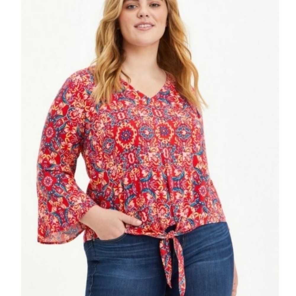 Torrid Print Top Boho Colourful Tie Front Shirt Women's Size M/L (Torrid 00)
